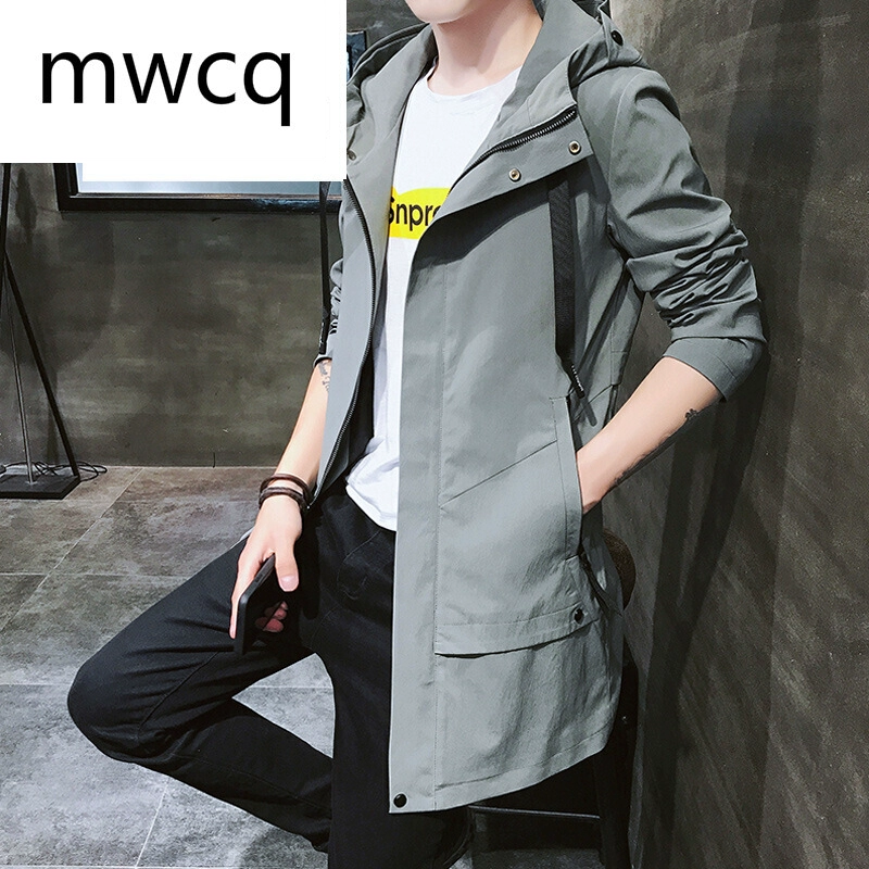 MWCQm01d Mùa thu Mới Hàn Quốc Slim Trend Nam Long Trench Coat Thanh niên Áo khoác trùm đầu - Áo gió thể thao