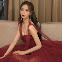 Toast clothing wine red usually wear suspenders sexy star same wedding dress female engagement dress fashion