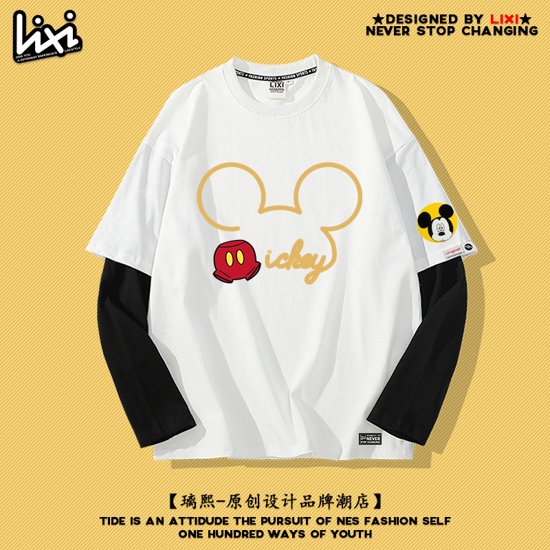 2025 Spring Mickey Long-Sleeved T-Shirt for Women, Minnie Loose Fake Two-Piece Couple Outfit, Unisex Pure Cotton Top