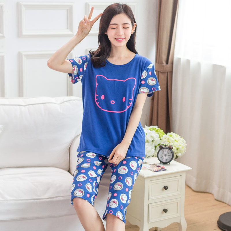 Pajama cô gái mùa hè phù hợp với bông tay áo ngắn quần bảy điểm hai mảnh quần mỏng mùa hè lỏng nhà quần áo có thể mòn