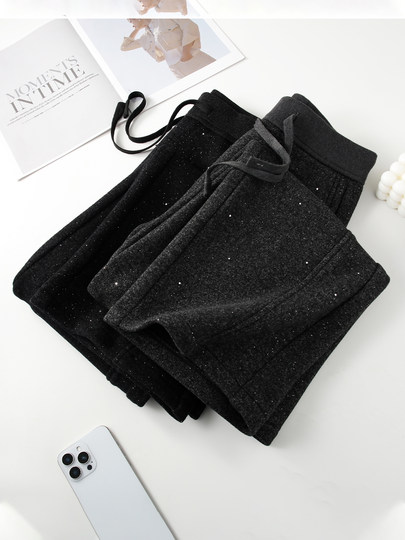 Gray sequined velvet thickened wide-leg pants for women 2025 new autumn and winter casual sports pants woolen straight pants