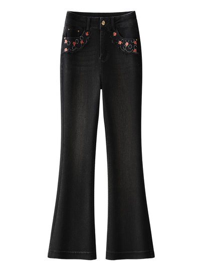 Black bootcut jeans for women 2025 new autumn and winter embroidered high-waisted horse hoof pants slimming petite flared pants