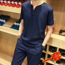 Summer Suit mens trend handsome casual T-shirt Ice Silk mens linen with 2021 new short sleeve set