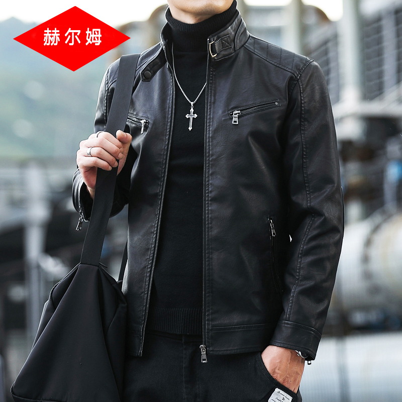 Stand collar leather jacket men's tide jacket jacket fall/winter 2021 new leather jacket slim Korean version plus fleece plus thick men's wear