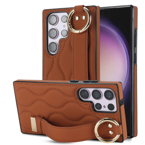 Brown — New Quilted Leather Hand Band Strap Kickstand Function S23, S23 Plus, S23 Ultra, S22, S22 Plus, S22 Ultra, Note 20