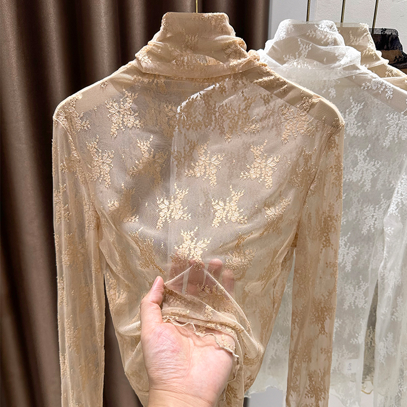 Ruffled Turtleneck Soft Lace Base Shirt for Women, Autumn and Winter Sweater Inner Layer, Thin High-Neck Mesh Top