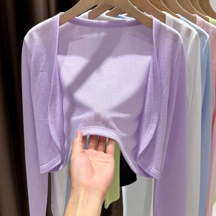 Purple Sun-Protective Long-Sleeve Shawl for Women, Short Summer Cardigan, Thin and Sheer, Paired with a Slip Dress, Ice Silk Knit Cover-Up