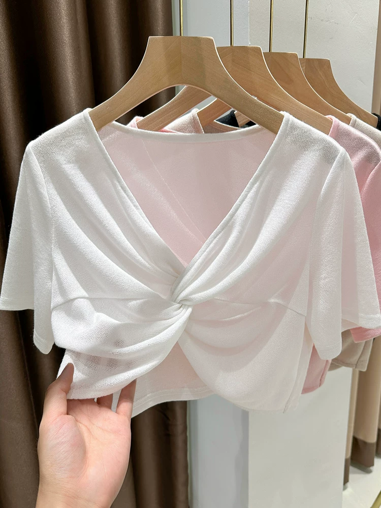 Вязаное-slip платье, летнее накидка, шелковистый короткий тонкий жилет, с коротким рукавом