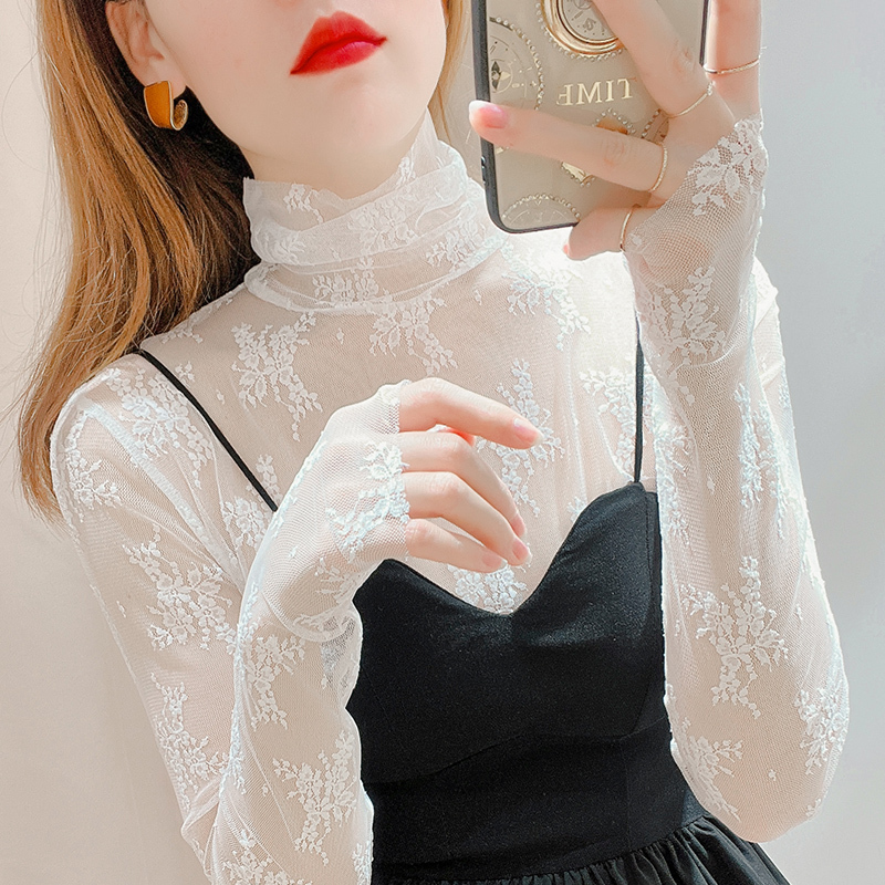 High-Neck Mesh Base Shirt for Women, Stylish for Autumn and Winter, Transparent Sheer Top with Hollow-Out Design, High-End White Lace Blouse