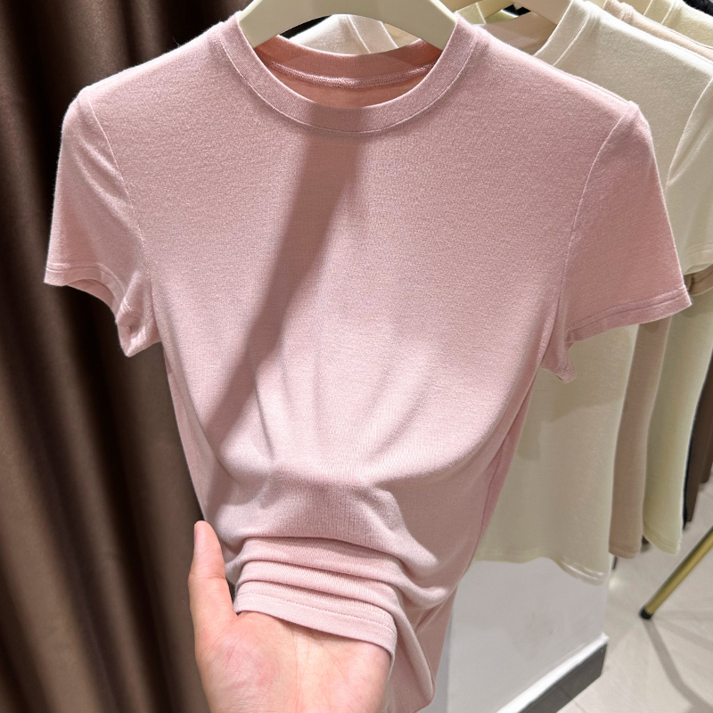 Dopamine Round-Neck Pink Short-Sleeve T-Shirt for Women, New Summer Thin Base Shirt, Super Elastic Skin-Friendly Ice Silk Top Dopamine Round-Neck Pink Short-Sleeve T-Shirt for Women, New Summer Thin Base Shirt, Super Elastic Skin-Friendly Ice Silk Top