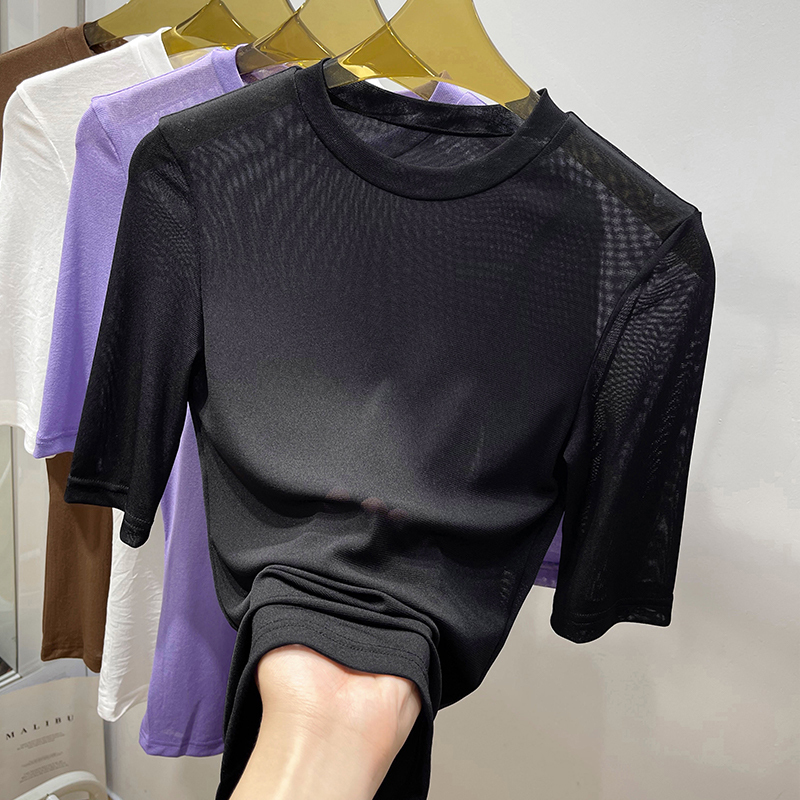 Mid-Sleeve Mesh Top for Women, Thin Style, Suitable for Wearing under a Blazer, Sheer and Sexy, Short-Sleeve T-Shirt, Lace Base Shirt for Spring and Summer Mid-Sleeve Mesh Top for Women, Thin Style, Suitable for Wearing under a Blazer, Sheer and Sexy, Short-Sleeve T-Shirt, Lace Base Shirt for Spring and Summer