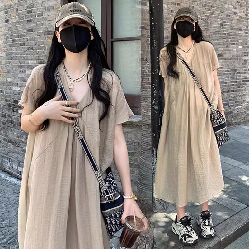 Fat Sister Dress Women's Summer Thin New Style Mid-Length V-Neck Belly-Covering Knee-Length Loose Large Size Short-Sleeved Long Skirt