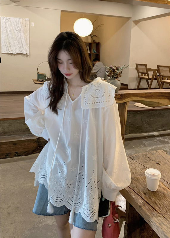 Fat Sister White Lace Shirt with Cut Out Embroidery, Women's Summer 2026 New Style Tassel Doll Collar Long Sleeve Sun Protection Top