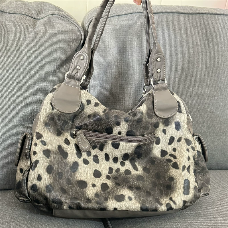 One-Shoulder Retro Spacious Bag, leopard-print faux leather with chains and crossbody strap