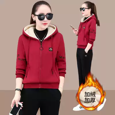 Plus velvet padded sports suit women's autumn and winter large size loose fashion foreign style casual running clothes sweater two-piece set