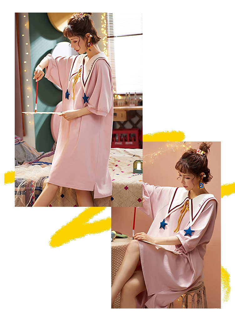Váy ngủ mùa hè nữ mỏng ngắn tay đồ ngủ búp bê cổ nơ cô gái ngọt ngào sinh viên dễ thương Hàn Quốc phục vụ tại nhà - Đêm đầm
