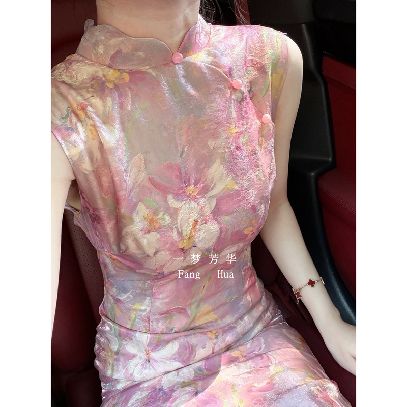 Pink Shimmering Brocade Sleeveless Summer High-End Large Floral Cheongsam Improved New Chinese Style Daily Waist-Cinching Stunning Dress Pink Shimmering Brocade Sleeveless Summer High-End Large Floral Cheongsam Improved New Chinese Style Daily Waist-Cinching Stunning Dress