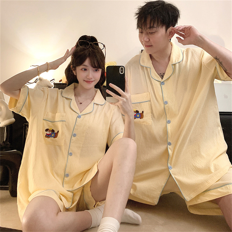 Short-Sleeved Couple Pajamas for Men and Women, Summer Pure Cotton Gauze Cartoon Thin Style Plus Size 150kg Home Wear Set