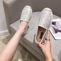 2020 new single shoes sequined fisherman shoes female rhinestone straw woven retro student loafers shallow flat casual shoes