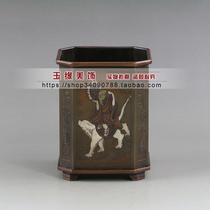 Retro old pure copper brass pen holder hair pen holder gilt silver relief seal carving graphic height 14cm