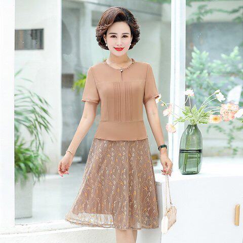 Mother Summer Dress Ocean Dress 2020 New 40 40-Year-Old 50 Middle-aged Women's Clothing Spring Fitting Short Sleeves Noble Skirt