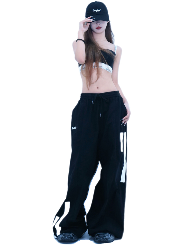 Nuvoloso Original American-Style Black Casual Jogger Sweatpants for Women, High-Waisted, Elastic Waist, Straight-Leg Wide-Leg Pants