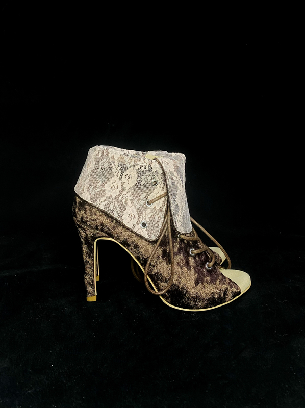 Issooa《Swan》 Original Lace Spliced Velvet High-Heeled Short Boots Professional Heels Dance Shoes Pink Brown