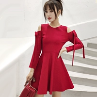2018 new red retro cao eo vòng cổ một từ cao eo strapless ladies công chúa dài tay áo đầm mùa thu váy nữ mẫu đầm chữ a