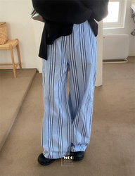 Exclusive type Korean simple blue vertical stripe stitching slim back elastic wide-leg pants casual pants