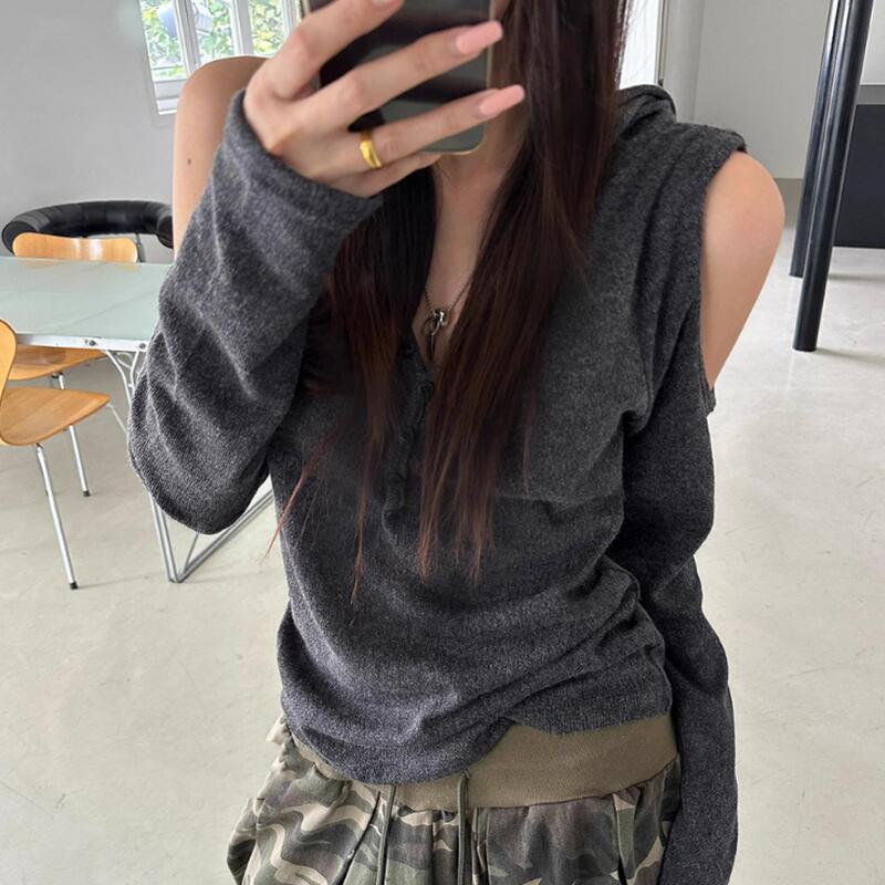Exclusive Type Korean Niche Retro Dune Style Unique Off-Shoulder Hooded Versatile Long-Sleeve T-Shirt Top