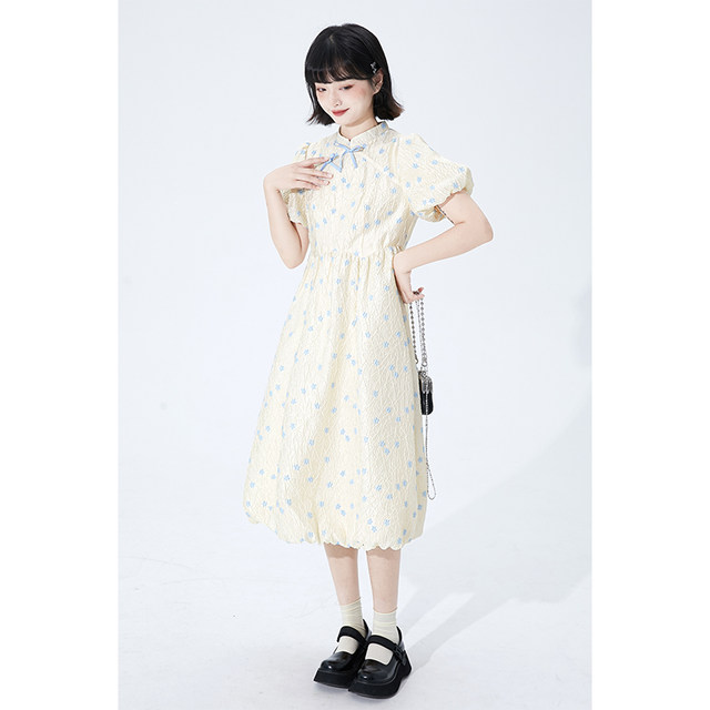 Shallot good tailoring new Chinese style improved cheongsam dress girl summer temperament bowknot flower bud sleeve floral dress