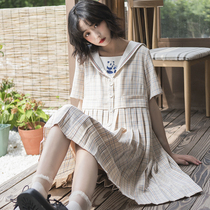 Small onion good Cut Original design cute panda plaid dress female Summer Academy wind navy collar pleated skirt