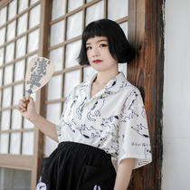 Little Green cut Japanese girl cute cat print short sleeve heart design sense niche shirt shirt top