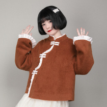 Small onion good cut original improved national style retro girl shirt buckle wooden ear edge plus velvet plus shirt autumn and winter short coat