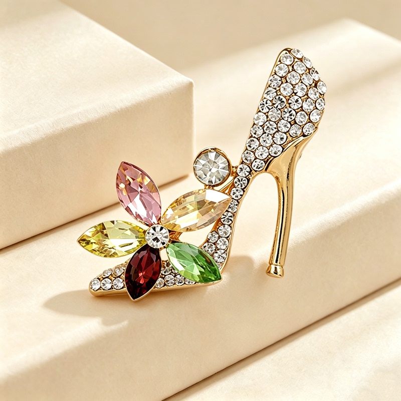 Elegant Alloy Rhinestone High-Heeled Shoes Brooch for Women, Fashionable and Unique Flower Decoration Pin Accessory, High-End Clothing Brooch