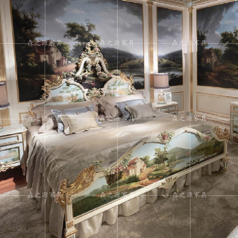European-style solid wood bed luxury carved villa double wedding bed French carved fashion princess art painted big bed