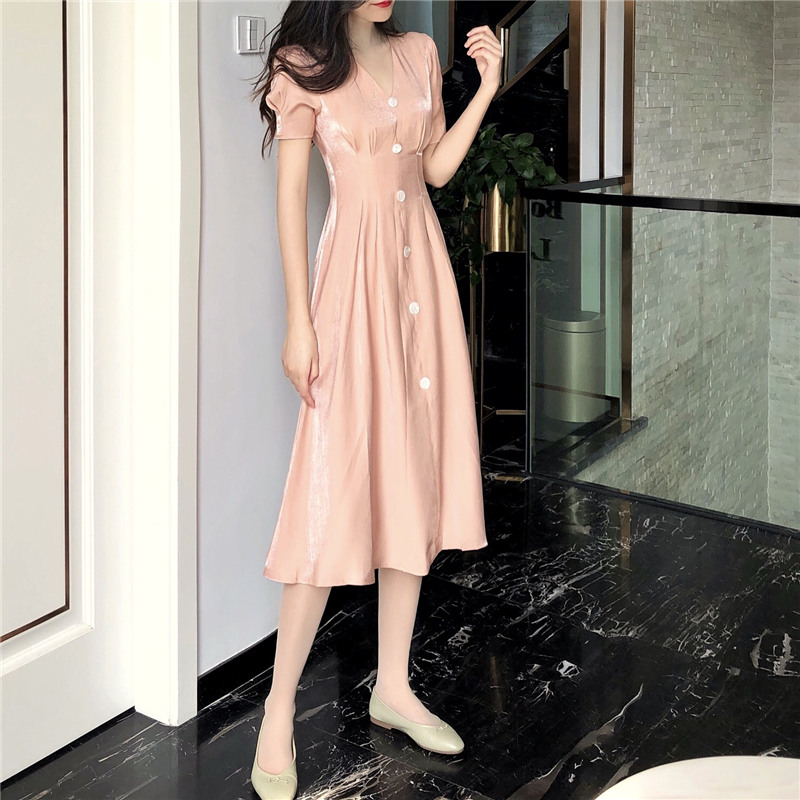 Pháp retro nhỏ hút thuốc váy nữ 2019 hè mới sáng bóng cổ chữ V dáng váy eo thon - Sản phẩm HOT đầm xòe