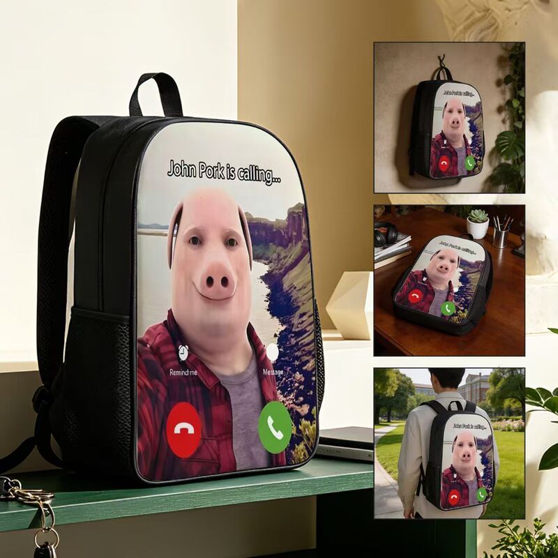 Pig God Piggod Backpack Pig Head Phone Answering Backpack Pencil Case Student Cartoon Backpack Travel Bag Abstract Funny