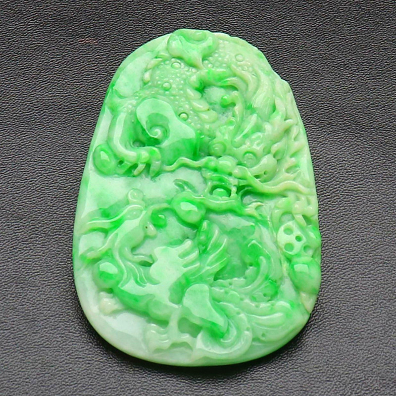 Natural Myanmar Lao Keng A goods Dragon and phoenix jade pendant Ice waxy green jade pendant Long brand large with certificate