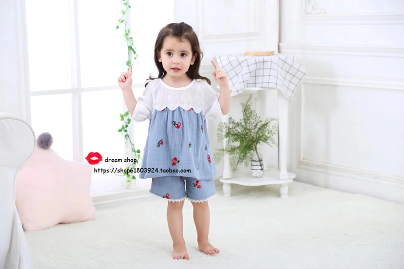 Mùa hè phiên bản Hàn Quốc của mẹ và con gái đồ ngủ cotton ngắn tay thêu cô gái ngọt ngào công chúa nhà dịch vụ phù hợp với trẻ em bộ mặc nhà cho trẻ em