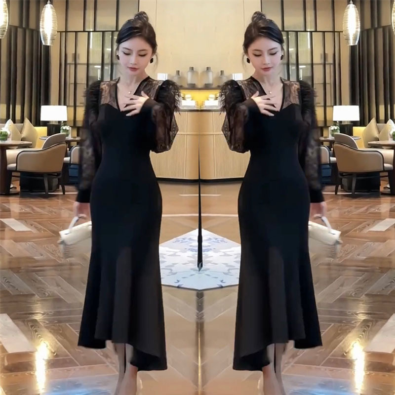 Elegant and Sophisticated Fashion Fishtail Dress 2023 New Autum Style Feather Lace Sleeve Design Hip-Hugging Long Skirt Elegant and Sophisticated Fashion Fishtail Dress 2023 New Autum Style Feather Lace Sleeve Design Hip-Hugging Long Skirt