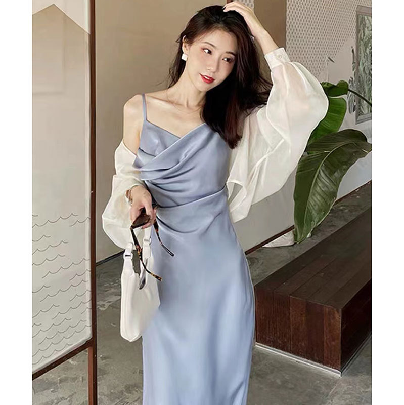 Blue Spaghetti Strap Dress for Women, Summer Satin, High-End, Slim-Fitting, Elegant, Slimming, Light Luxury, Socialite French-Style Long Dress