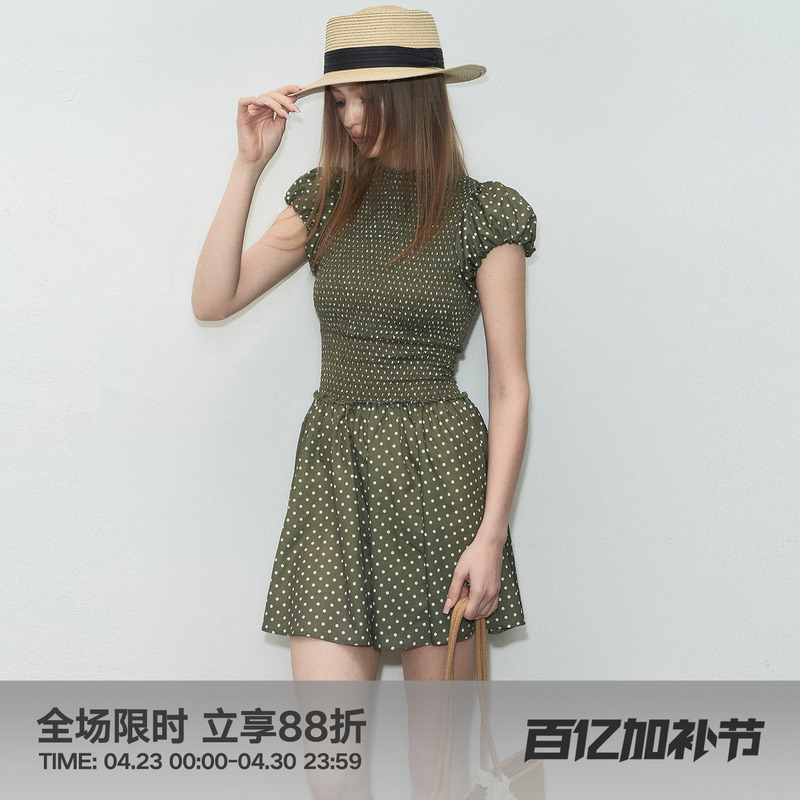 Fumism's "Polka Dot Rhapsody" Retro High-End Green Polka Dot Dress with Elastic Waist and A-Line Skirt