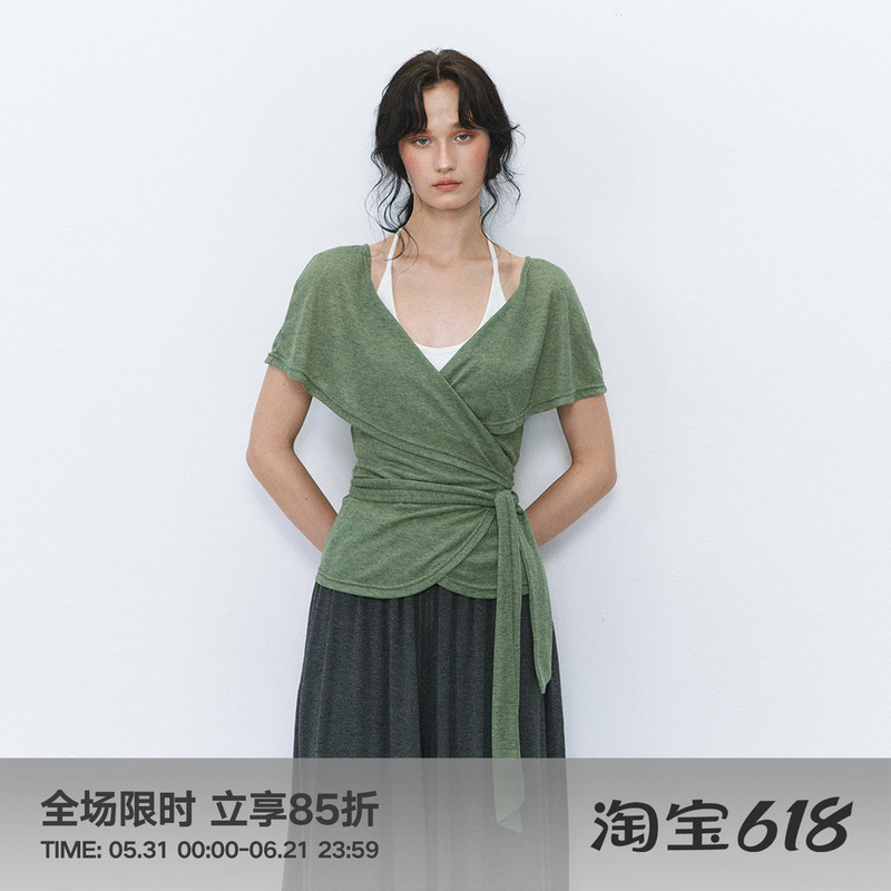 Fumism Fabric's "Truce of Relaxation" Moss Green Cross-Strap Short-Sleeved T-Shirt for Women, White-Enhancing and Slimming Top
