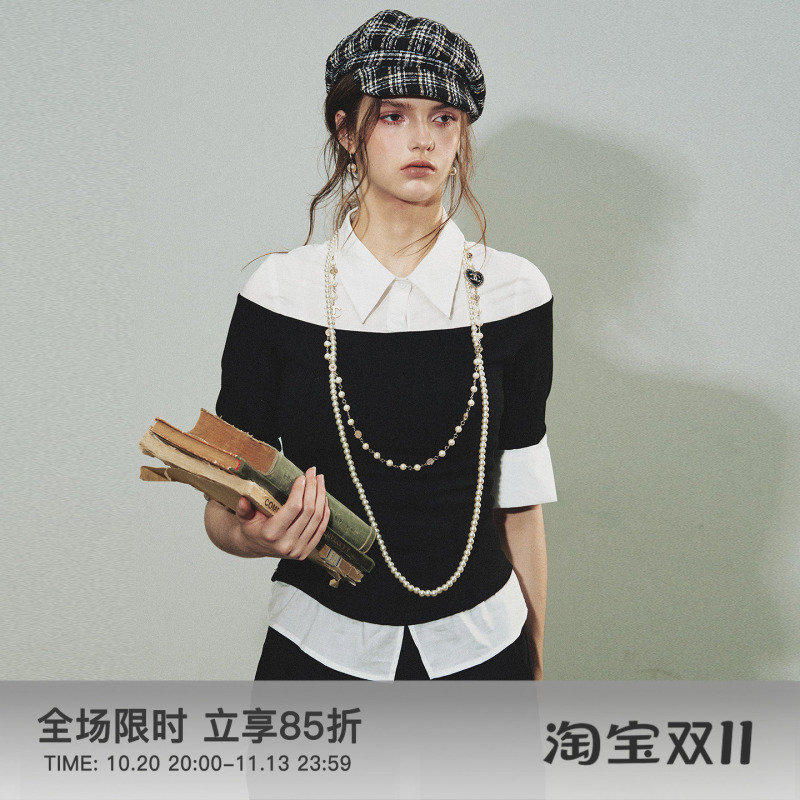 Fumism's Classic Replica Fake Two-Piece Patchwork Knit Shirt with French Style, Movie-Inspired, Old Money Style for Women