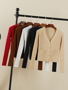 Nhỏ tươi chic đầu mùa thu áo len cardigan nữ cao eo áo len ngắn dài tay áo v-cổ áo sơ mi áo khoác mỏng