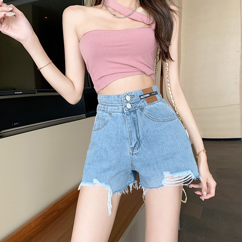 South Korea 2021 new summer denim shorts female high waist display slim width leg loose a word ultra short hot pants with thin section