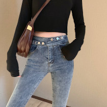 South Korea 2020 new spring high waist jeans female elastic tight fit and slim fit 90% pants small foot pencil pants