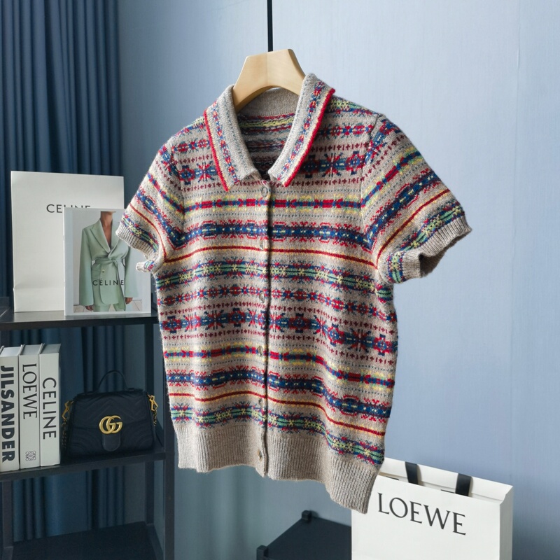 Full of Artistic Atmosphere! Vintage Fair Isle Jacquard Wool Polo Collar Short-Sleeved Knit Cardigan for Women
