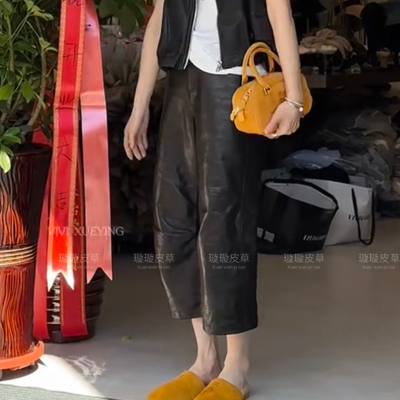 High-End Sheepskin Autumn and Winter Casual Cropped Pants with Elastic High Waist, Large Pockets, Wide-Leg, Minimalist Loose Leather Pants for Women